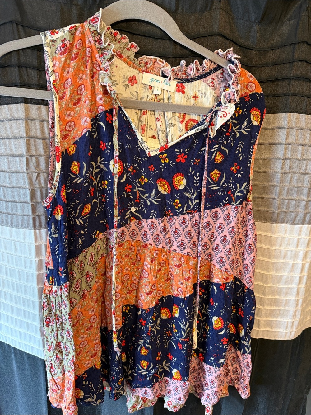 Grace & Lace Navy, Pink and Orange Floral Patchwork Tank